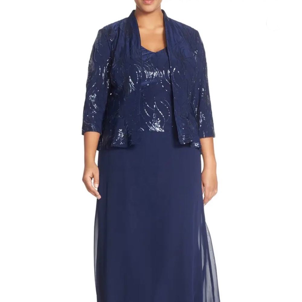 Alex Evenings Navy Sequin Dress and Jacket Set
